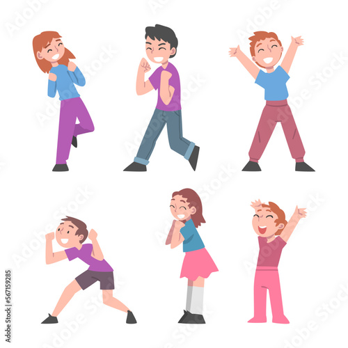 Excited Kids Celebrating Victory Expressing Success and Positive Emotions Vector Set