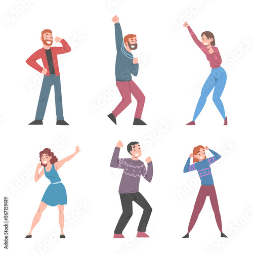 Excited Man and Woman Celebrating Victory Expressing Success and Positive Emotions Vector Set