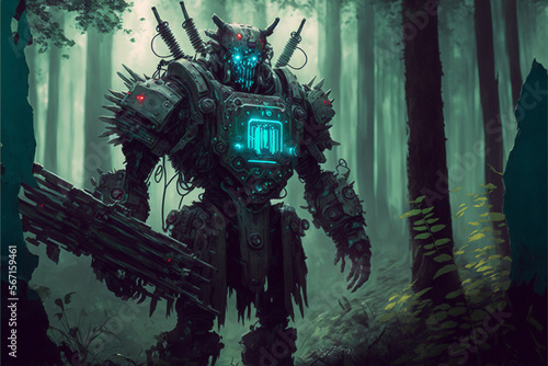 robot in the forest. Generated AI