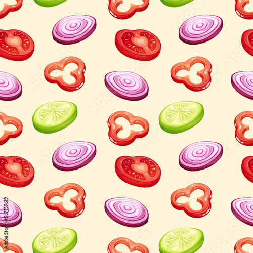 Seamless pattern with pieces of vegetables for salad. Red onion  pepper  tomato and cucumber. Vegetable Collection
