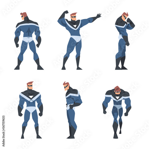 Man Superhero Character Dressed Black and Blue Costume and Mask in Action Vector Set