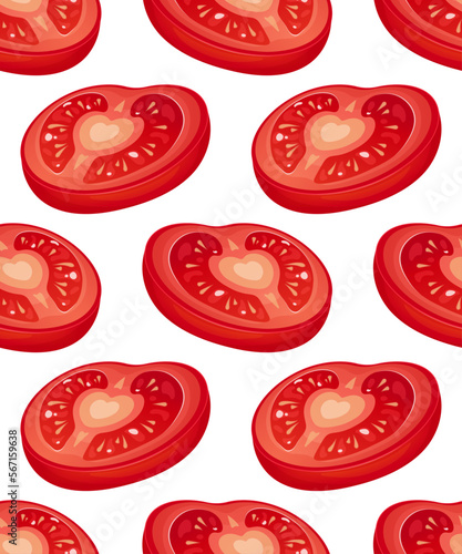 Seamless pattern with slice, half of tomato on white background, pattern with vegetables