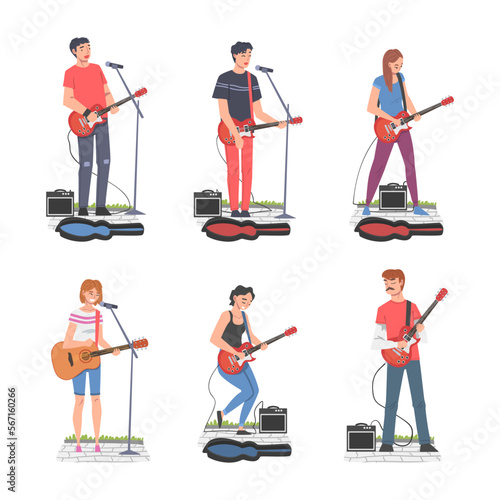 Young Man and Woman Musician Guitarist Character Playing Guitar and Singing Performing Street Concert Vector Set