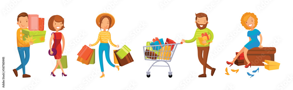 People Characters Shopping Making Purchase in Mall Vector Set People Characters Shopping Making Purchase in Mall Vector Set