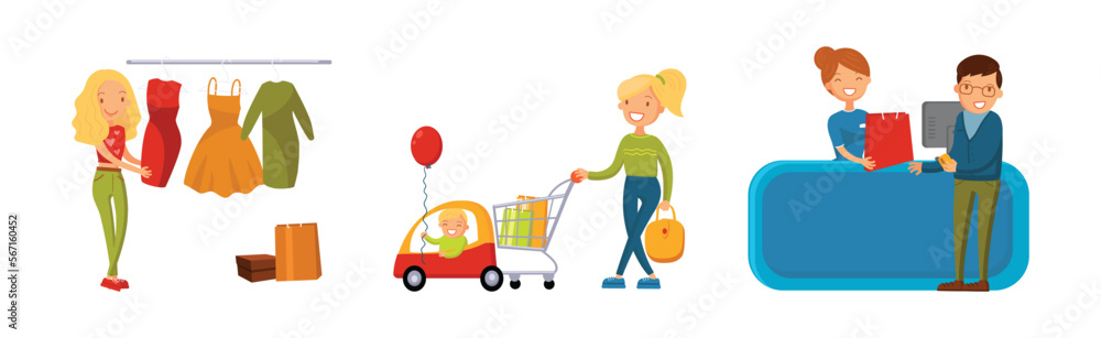 People Characters Shopping Making Purchase in Mall Vector Set People Characters Shopping Making Purchase in Mall Vector Set