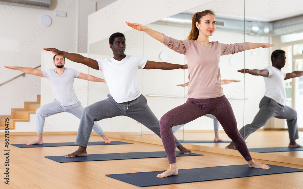Fototapeta premium Multiethnic group of people exercising warrior two asana in gym.