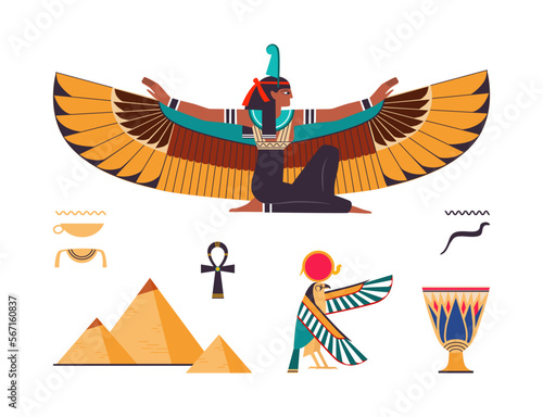 Ancient Egyptian Symbol with Isis Goddess, Horus God, Ankh, Vase and Pyramid Vector Set