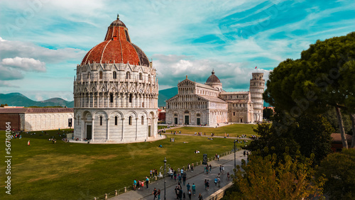 Aerial image of the Italian city of Pisa's Santa Maria Assunta complex, which includes the Tower of Pisa.