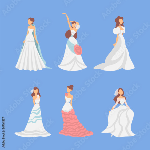 Bride in White Wedding Dress Standing as Newlywed or Just Married Female on Blue Background Vector Set