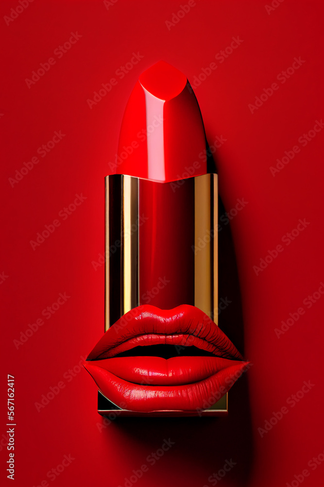 Obraz premium roter Lippenstift auf abstrakten Hintergrund, Kosmetik Konzept - Generative Ai