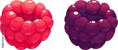 Cartoon juicy raspberries and blackberries on transparent background