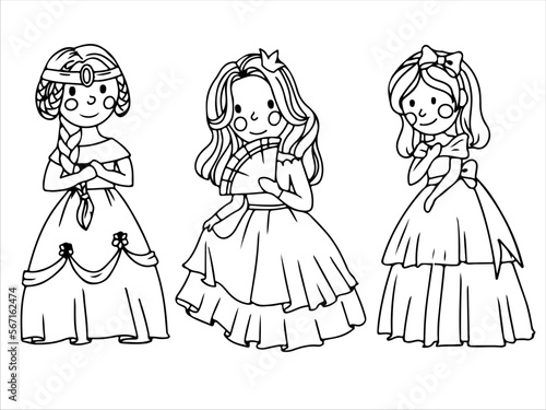 Cute princess in a ball gown. Coloring book A girl in a magical costume. Middle Ages. Vector illustration isolated on white background.