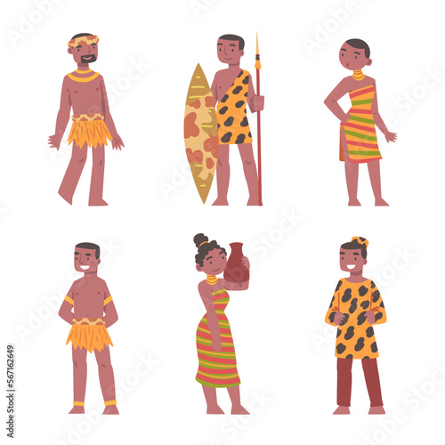 Barefoot African Aboriginal Man and Woman Character Dressed in Traditional Tribal Clothing with Vase and Spear Vector Set