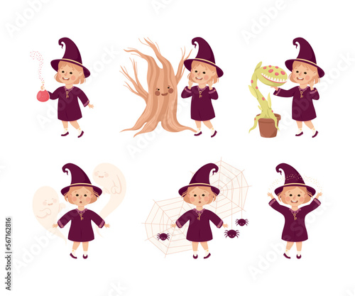 Little Girl Witch Wearing Purple Dress and Pointed Hat Vector Set