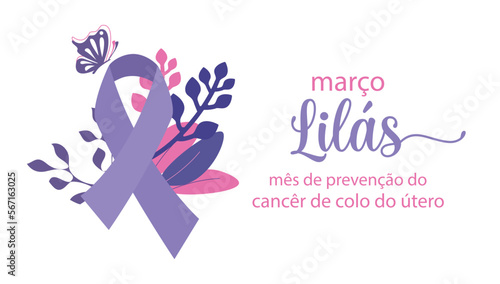 Lilac March cervical cancer prevention month in Portuguese language vector illustration.