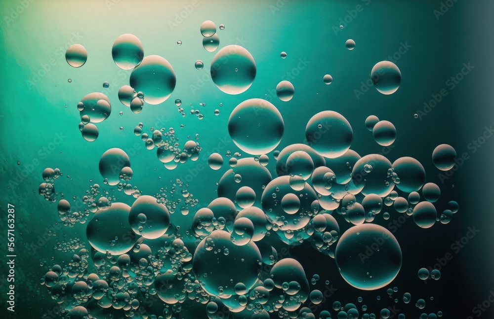 Lots of bubbles floating in clear turquoise sea water in an abstract photograph. Generative AI