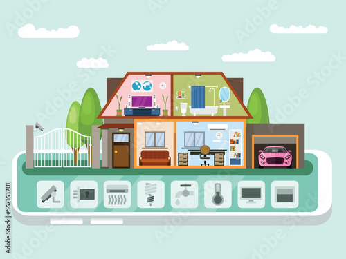 Smart house infographic. Modern house with rooms. Home interior. Vector graphics