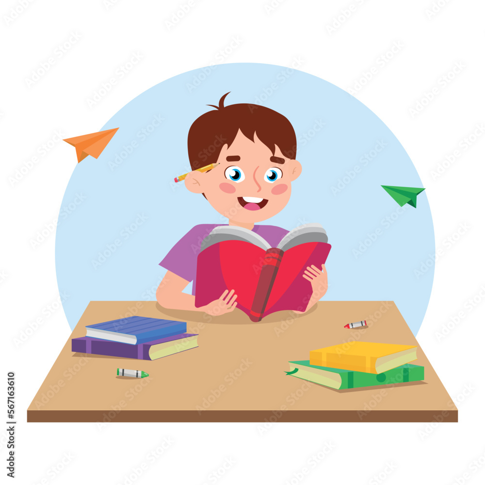 Vector illustration of a boy who likes to read. Cartoon scene of a smiling boy sitting at a table with stacks of books and holding an open book in his hands and taking notes isolated on background.