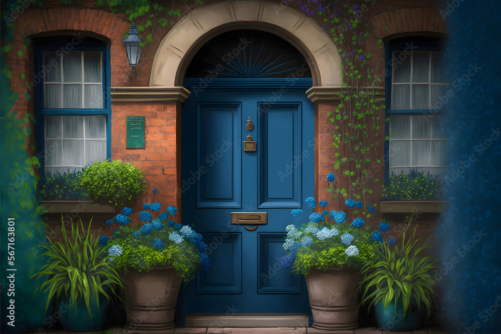 Watercolor illustration of the facade of a colorful house with stone fence, with a large window, a wooden blue door and flowers under the window
