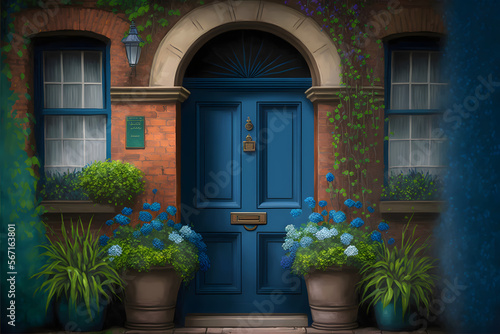 Watercolor illustration of the facade of a colorful house with stone fence, with a large window, a wooden blue door and flowers under the window © Prasanth