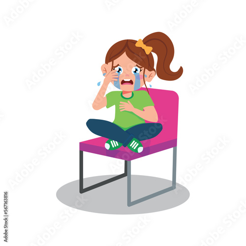 Vector illustration of a girl sitting on a chair and crying. Cartoon scene of upset girl sitting and crying isolated on white background.