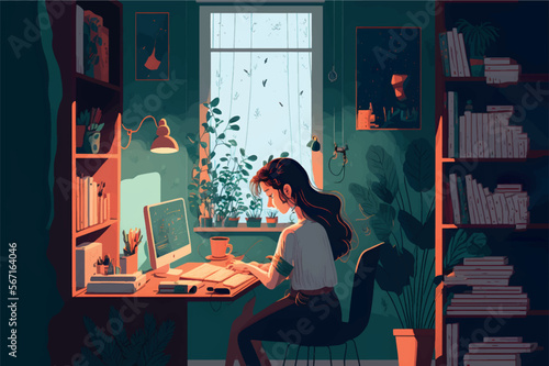 Vector illustration of a young woman working on the computer in her office, modern design