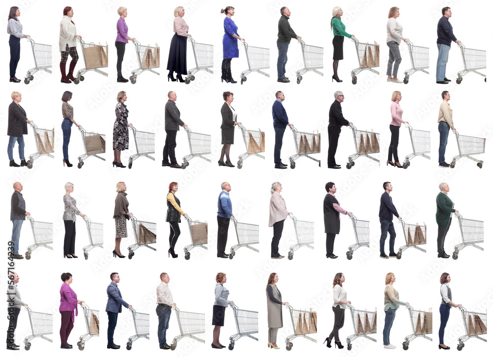 group of people with cart looking ahead isolated on white group of people with cart looking ahead isolated on white