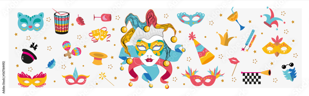 Carnival set of festive elements, Masks, patterns, symbol and sign.