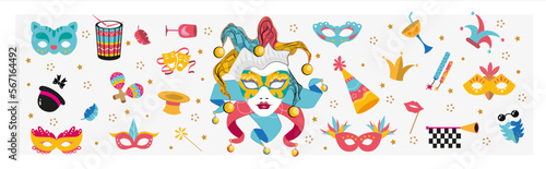 Carnival set of festive elements, Masks, patterns, symbol and sign.