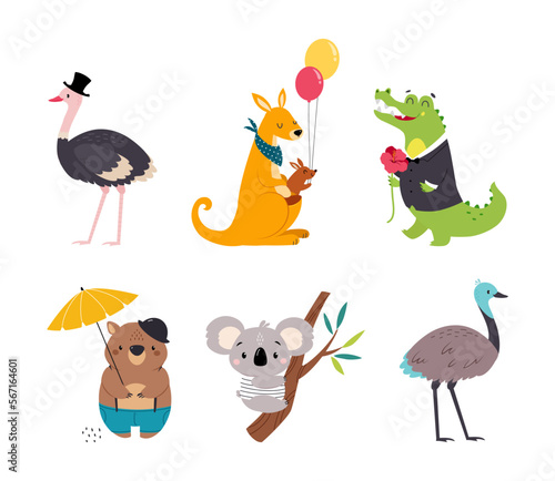 Cute Australian Animal with Emu, Kangaroo, Crocodile, Koala, Ostrich and Wombat Vector Set