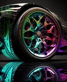 Colorful cool shiny wheel and glossy tire reflection generated using Generative AI.