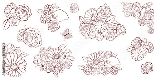 Set of hand drawn bouquets and single flowers, isolated on white background