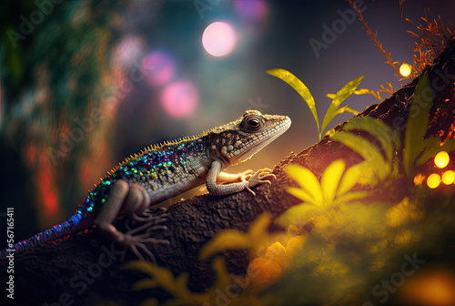 a lizard sitting on top of a tree branch, colorful illustration