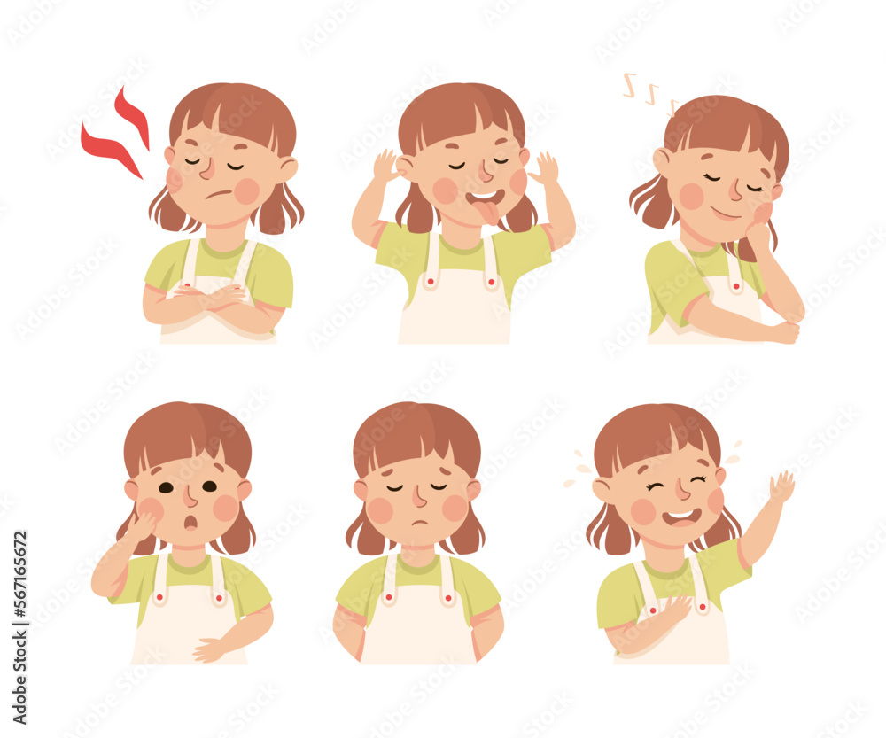 Fototapeta premium Little Girl Demonstrating Facial Expression and Emotion Laughing and Grimacing Vector Set