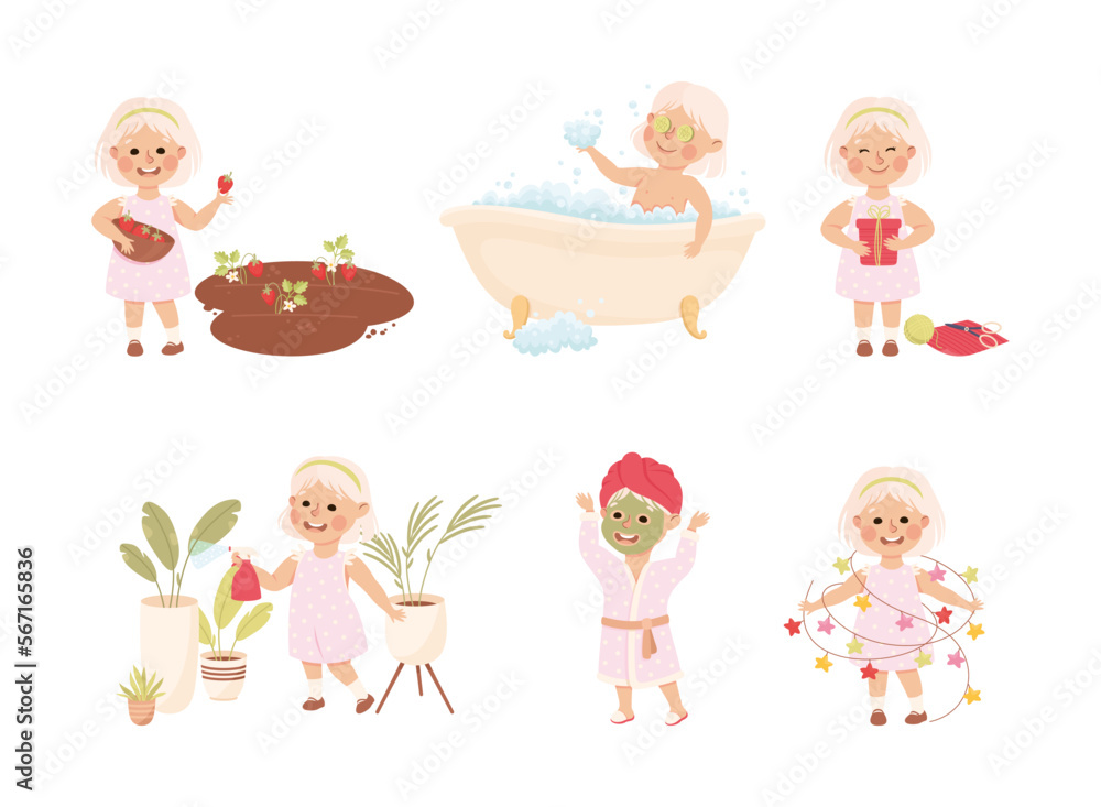 Little Girl in Childhood Engaged in Recreation Activity Vector Set