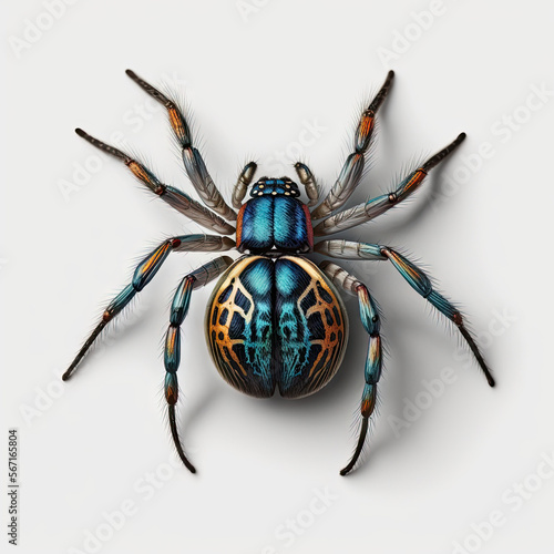 a blue and orange spider sitting on top of a white surface