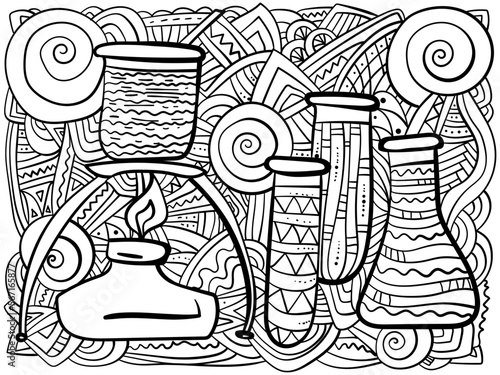 Laboratory equipment antistress coloring page, creative outline illustration with chemical burner and experiment glassware