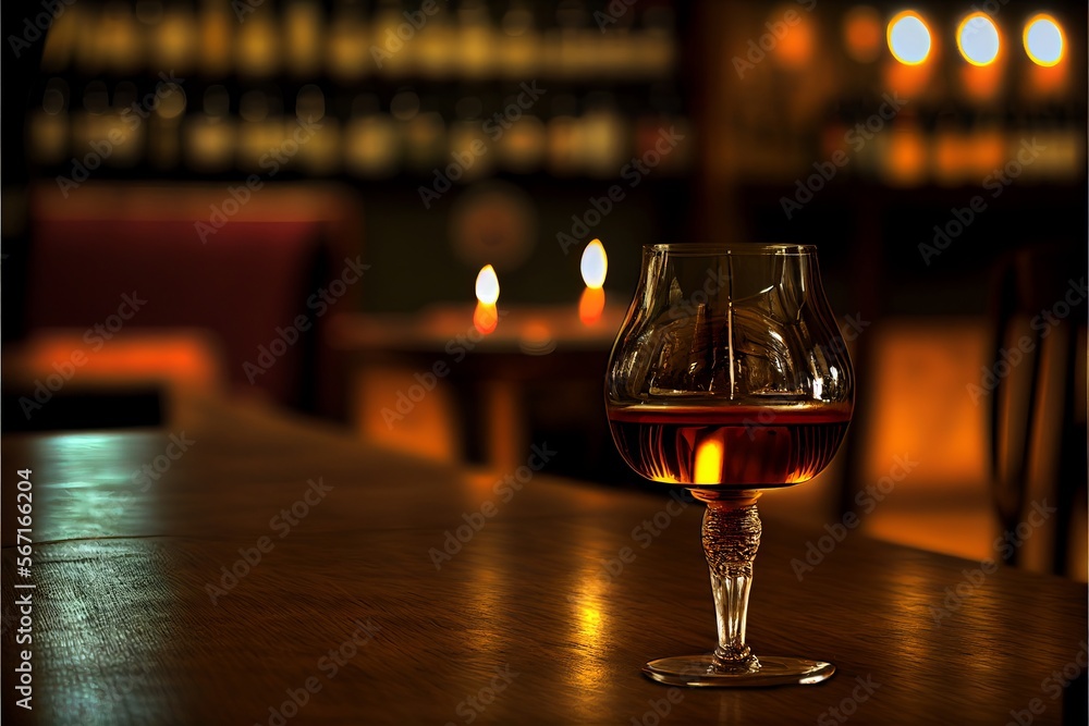 Glass of brandy on old tavern bar