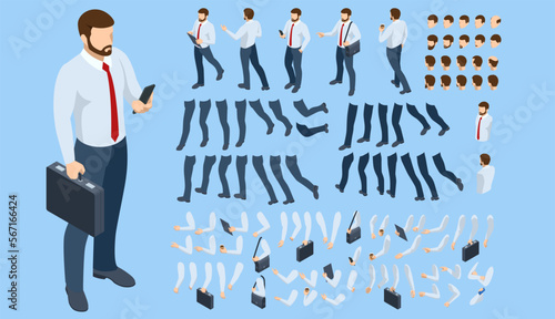 Isometric man character constructor for designe. Set of businessman character flat style illustration isolated on background.