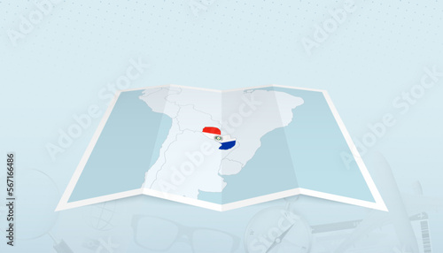 Map of Paraguay with the flag of Paraguay in the contour of the map on a trip abstract backdrop.