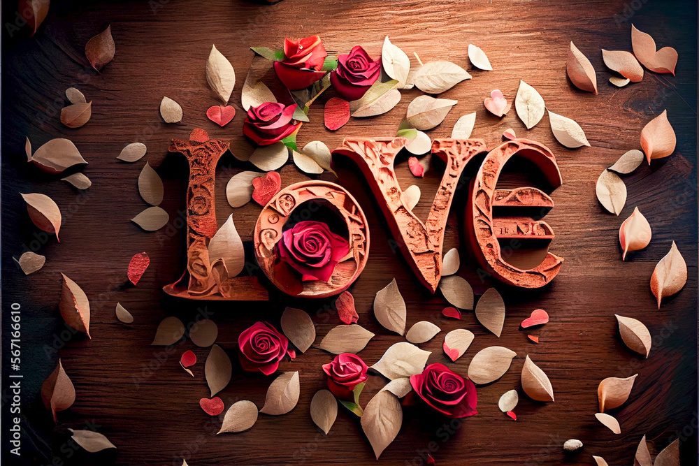 Love word on an old wooden table, surrounded by roses and petals with leaves on antique wooden table, top view for romance, decoration and valentine's day, by Generative AI Love word on an old wooden table, surrounded by roses and petals with leaves on antique wooden table, top view for romance, decoration and valentine's day, by Generative AI