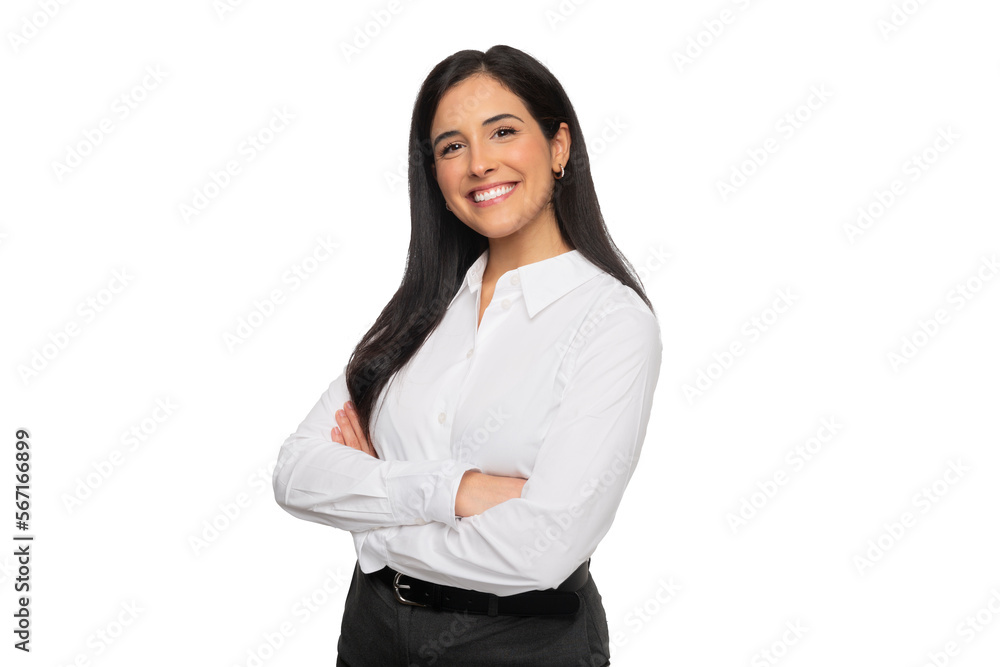 Beautiful brunette business woman entrepreneur with big natural smile, bright and cheerful with arms folded, isolated white background - obrazy, fototapety, plakaty 