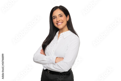 Beautiful brunette business woman entrepreneur with big natural smile, bright and cheerful with arms folded, isolated white background