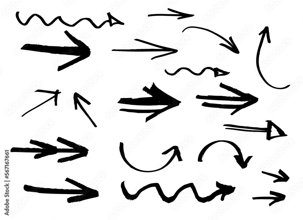 Set of arrow, circles, graphics handmade with marker pen, black isolated on white background. Arrows different shapes, left, right, up and down. Graphic resource for design. Vector illustration. Set of arrow, circles, graphics handmade with marker pen, black isolated on white background. Arrows different shapes, left, right, up and down. Graphic resource for design. Vector illustration.