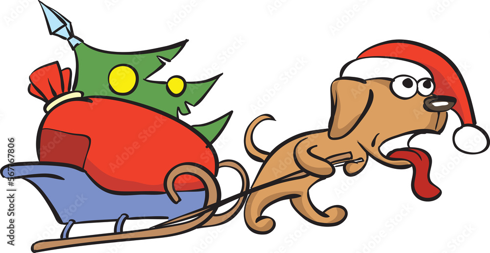 Fototapeta premium cartoon dog dragging christmas sleigh - PNG image with transparent background