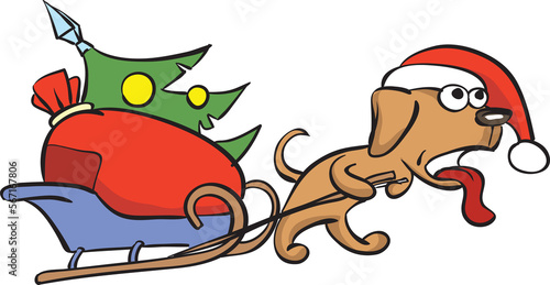 cartoon dog dragging christmas sleigh - PNG image with transparent background