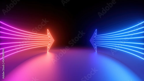 3d render, abstract minimalist geometric background. Two counter neon arrows approaching each other. Contradiction concept