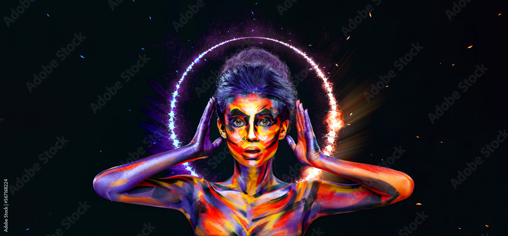 Girl with body painted with neon paint art