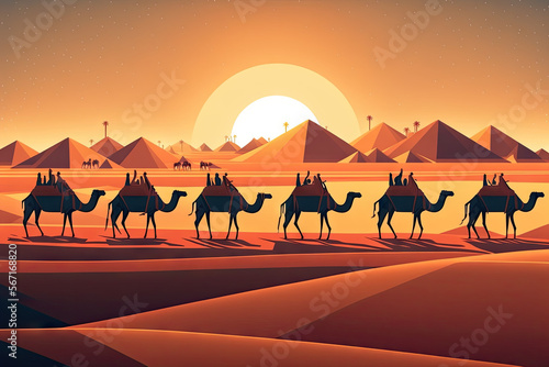 a group of camels walking across a desert Pyramid behind