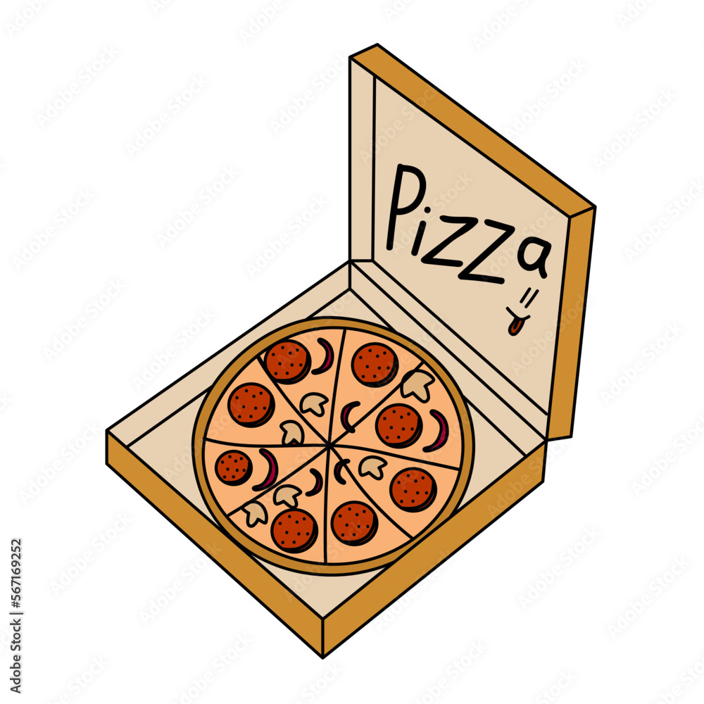Pizza in an open box. Vector illustration